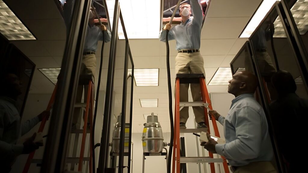 technician performing raised floor subfloor cleaning
