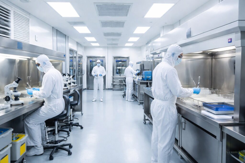 Technicians in full protective gear working inside a sterile room with stainless steel workstations, controlled airflow, and cleanroom equipment in operation.