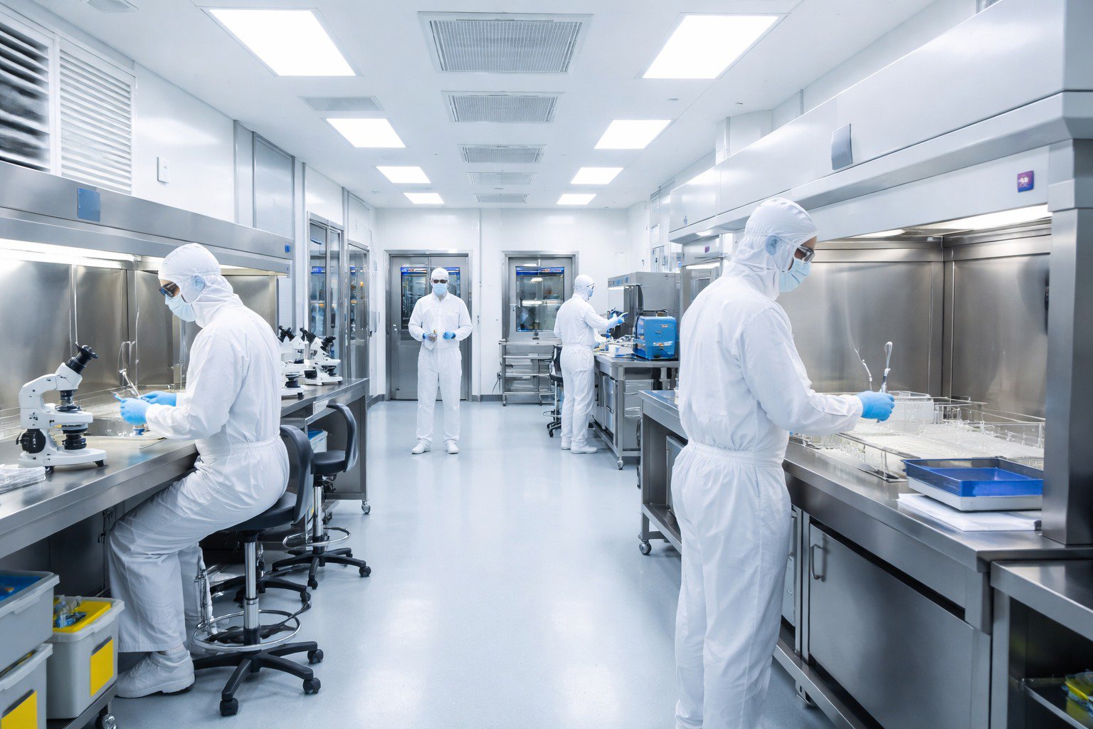 Technicians in full protective gear working inside a sterile room with stainless steel workstations, controlled airflow, and cleanroom equipment in operation.