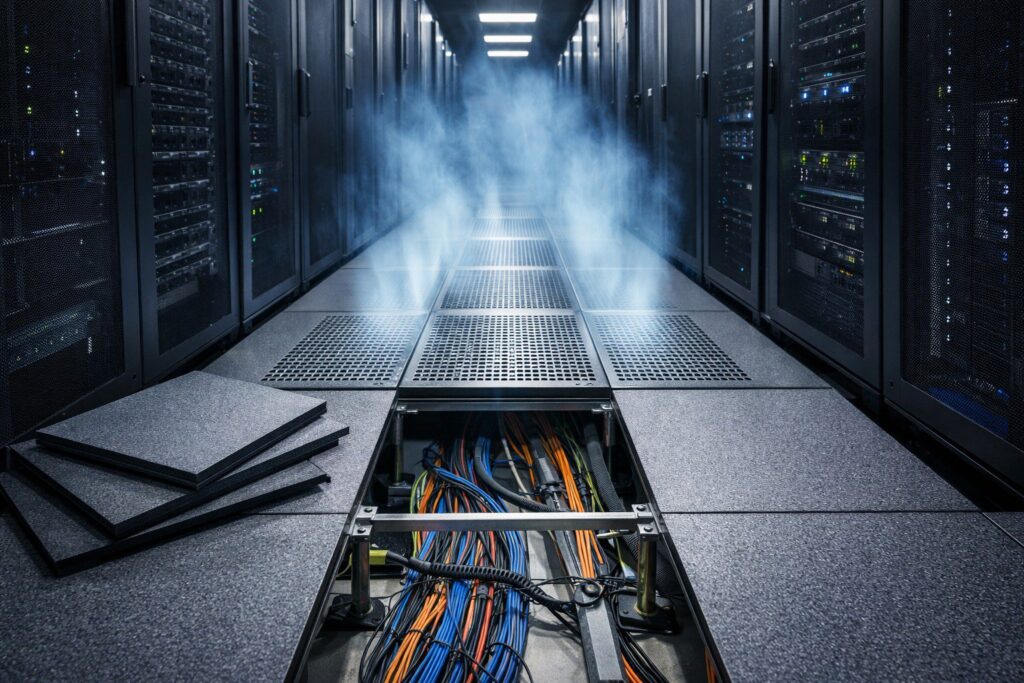 raise floor tiles in a data center, exposing wires