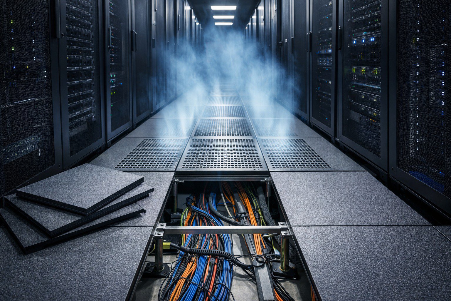 raise floor tiles in a data center, exposing wires