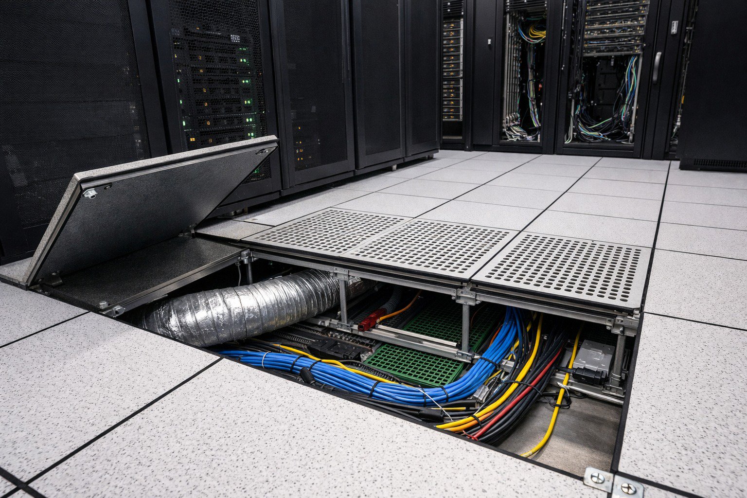 Technician lifting an access floor panel in a data center, exposing subfloor cabling and airflow systems beneath server racks