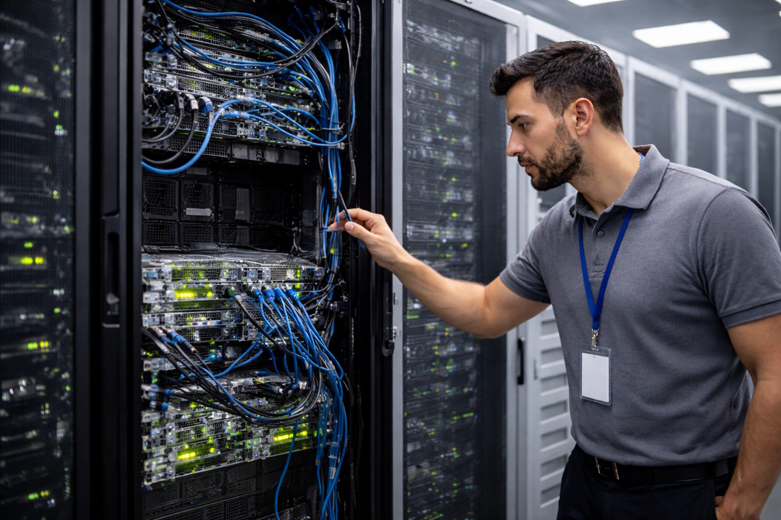 A data center tech cleaning racks of servers from dust