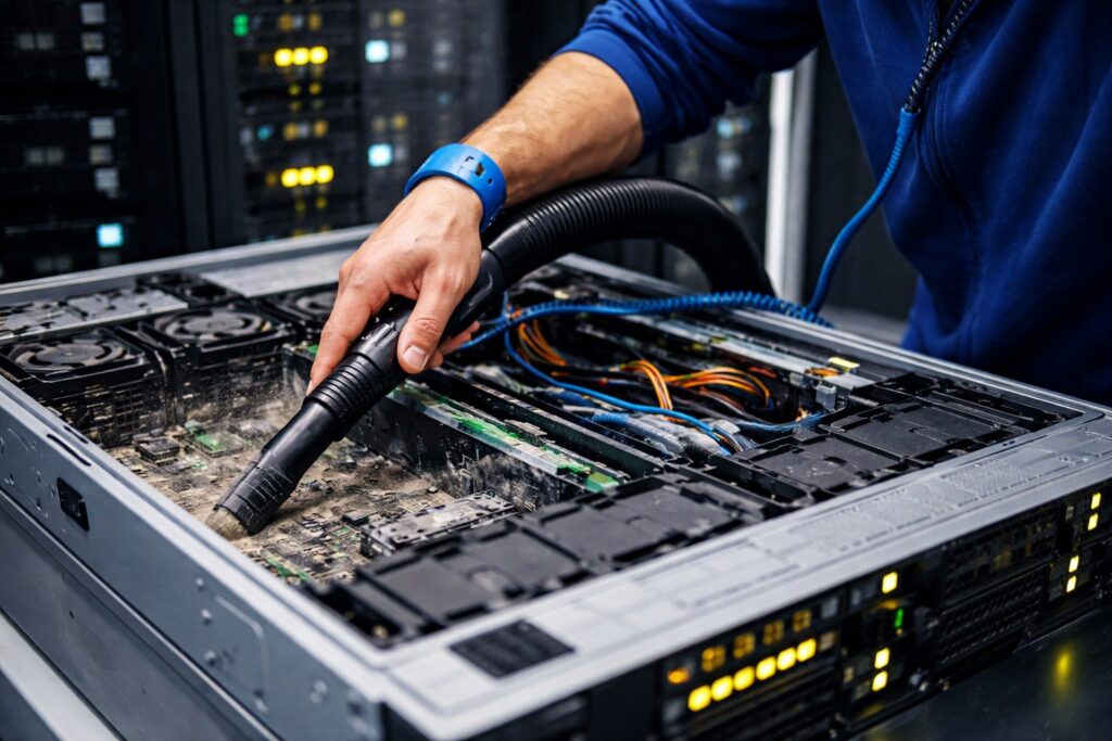 An engineer cleaning a server in a data center
