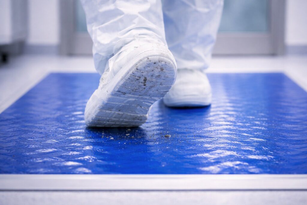 Close-up of a cleanroom technician’s shoe stepping onto a blue tacky mat, capturing dirt and particles at the entry point of a clean room environment.