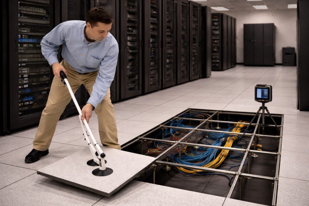 Technician installing raised access floor tiles in a data center, using a suction lifter to position panels over an exposed subfloor grid near server racks.