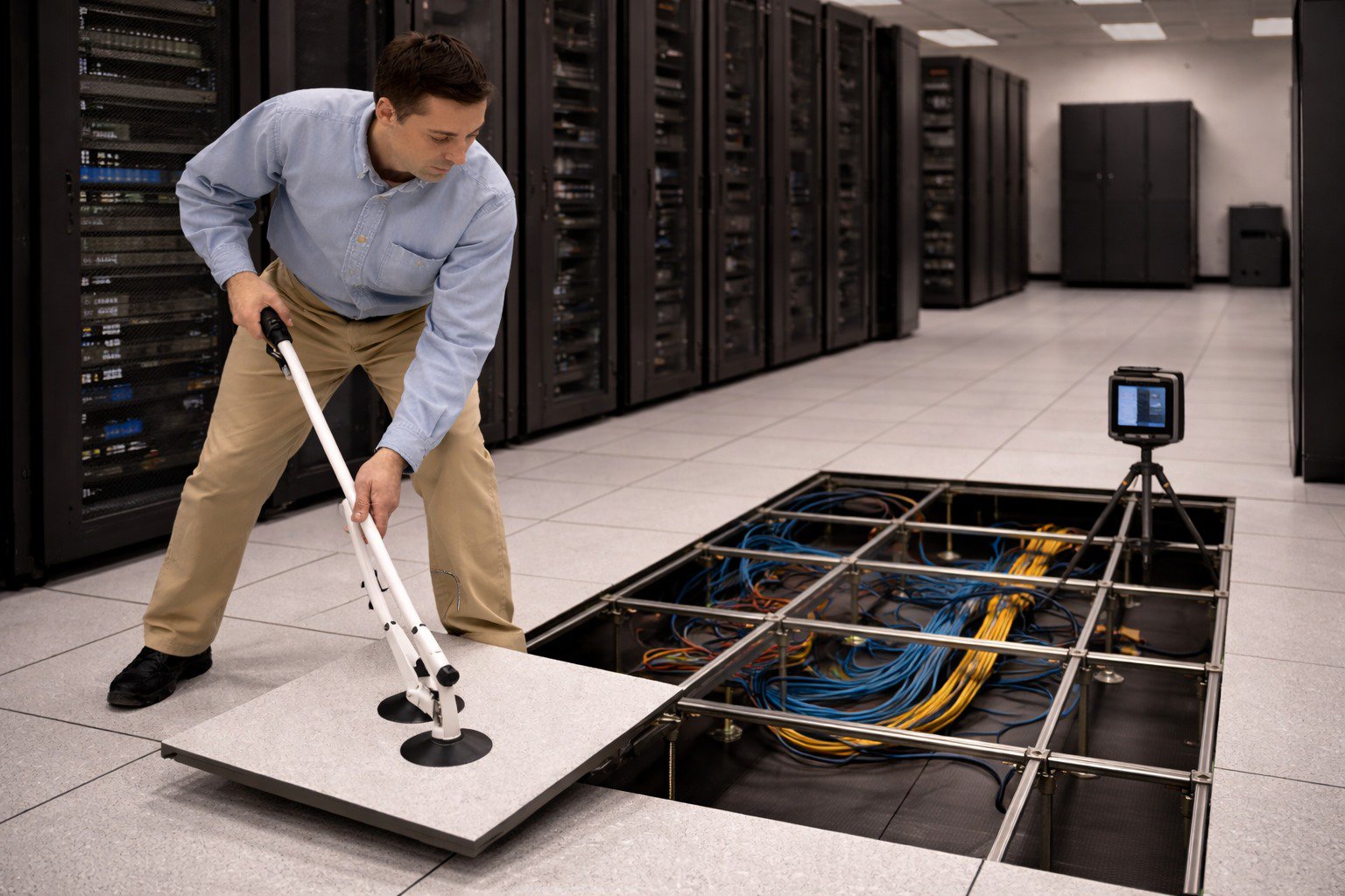 Technician installing raised access floor tiles in a data center, using a suction lifter to position panels over an exposed subfloor grid near server racks.